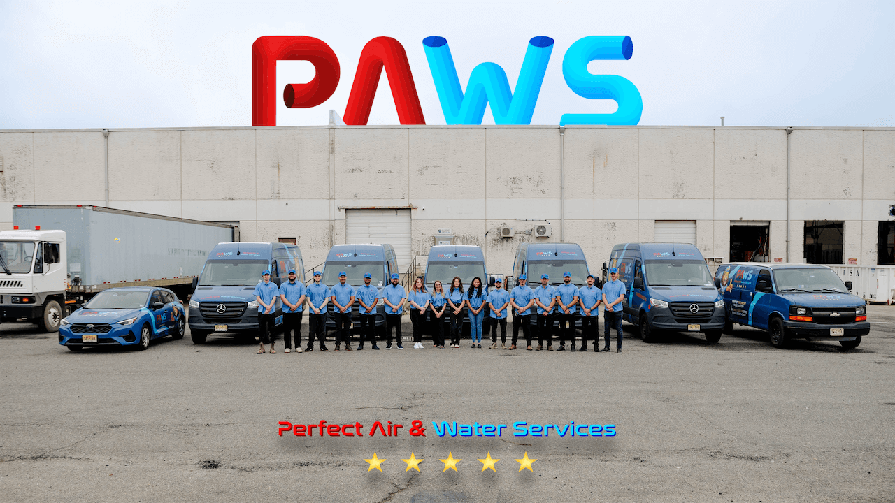 PAWS technicians standing with work trucks and vans